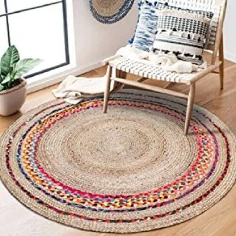 Rug Round Natural Jute & Cotton Reversible Carpet Living Modern Area Rag Rug