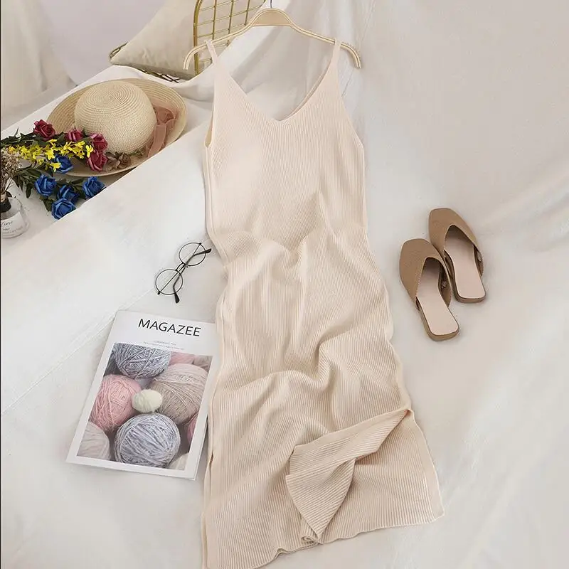 2023 Auutmn Knitted Vestidos Solid V Neck Vintage Chic Autumn Winter Women Dresses Stretch Slim Sexy Long Dress