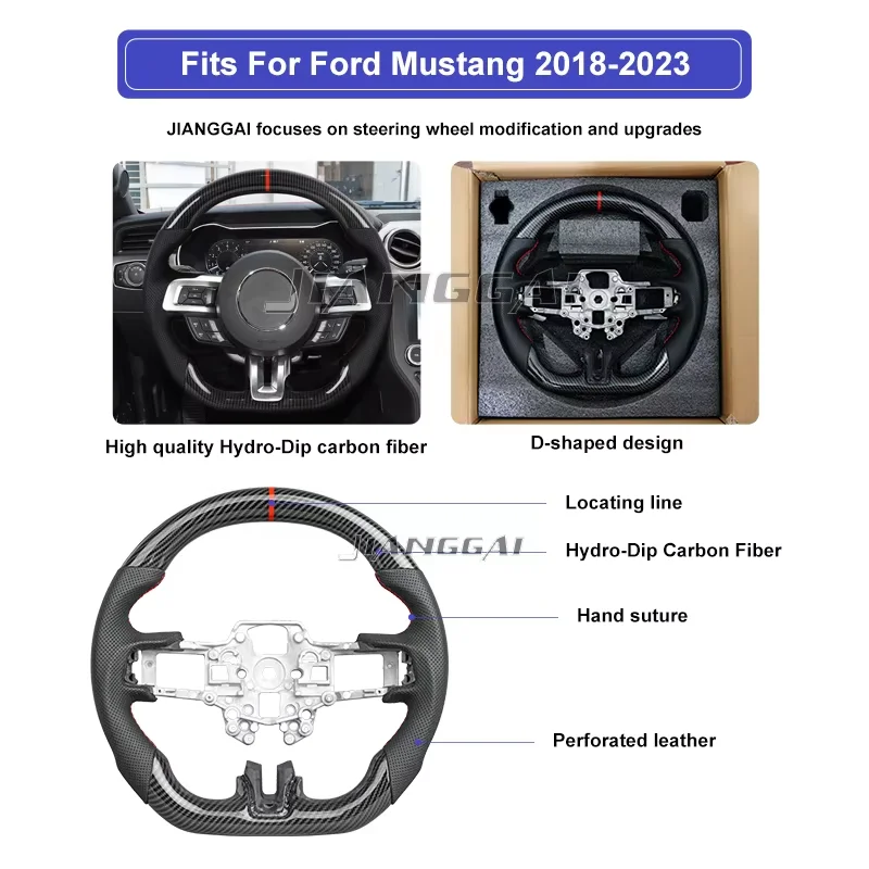 Hydro-Dip Carbon Fiber D-shaped Steering Wheel Preforated Leather Grip for Mustang EcoBoost GT Shelby GT350 GT350R 2015-2023 view 3