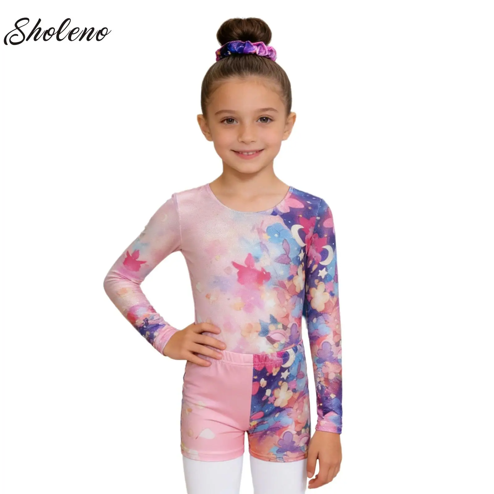 

Kids Girls Rhythmic Gymnastics Unitards Jersey Jumpsuit Ballet Figure Skating Performance Costumes Rompers+Shorts+Hair Band Suit