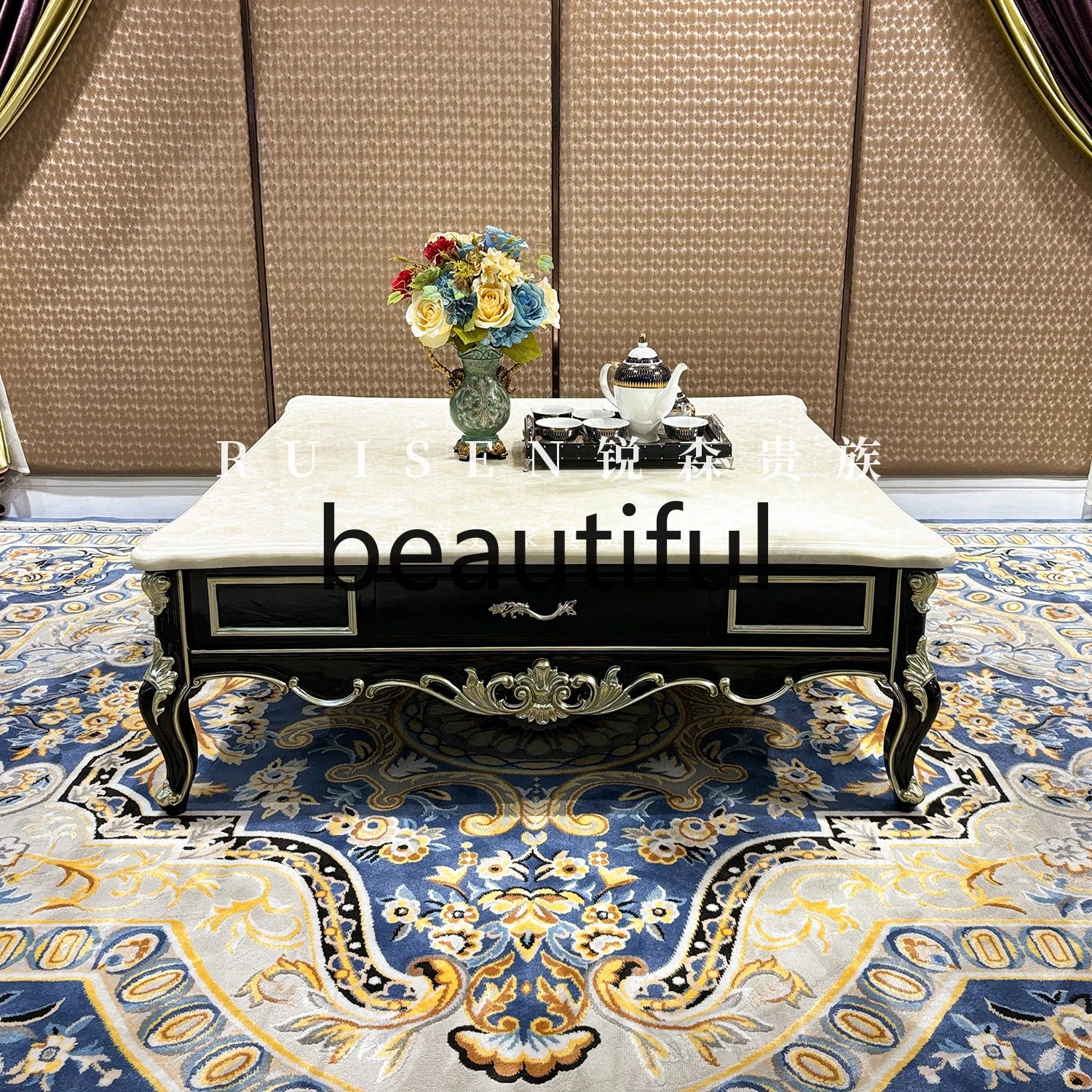 

European style large coffee table solid wood square table palace luxury living room with drawers marble coffee table