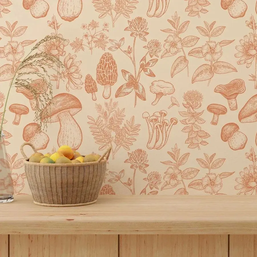 Mushroom Wallpaper Peel And Stick,Mid Century Modern Wall Mural,Kids Mushroom Wall Paper Room Decor,Self-adhesive Or Traditional