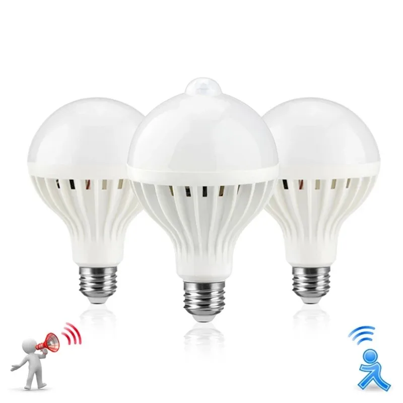 Ampoule LED à détecteur de mouvement, lampe intelligente, corps infrarouge, lumières, son + lumière, 220V, 3W, 5W, 7W, 9W, 12W