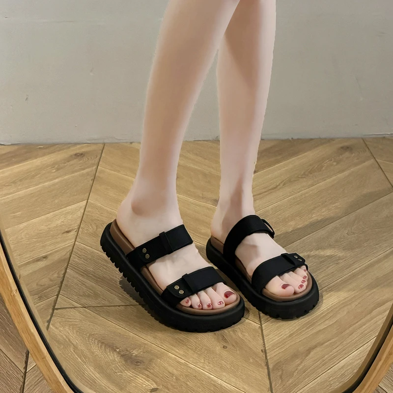 Platform Slippers Summer New Round Head Open Toe Simple Word Sandals Anti-slip Wear-resistant Women's Shoes