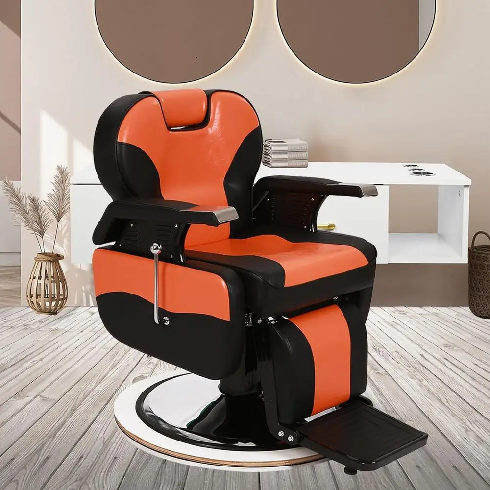 

Прочное поворотное кресло с откидной спинкой для парикмахеров и стилистов, регулируемая высота, ПВХ-кожа, грузоподъемность 500 фунтов, черный и оранжевый цвета.
