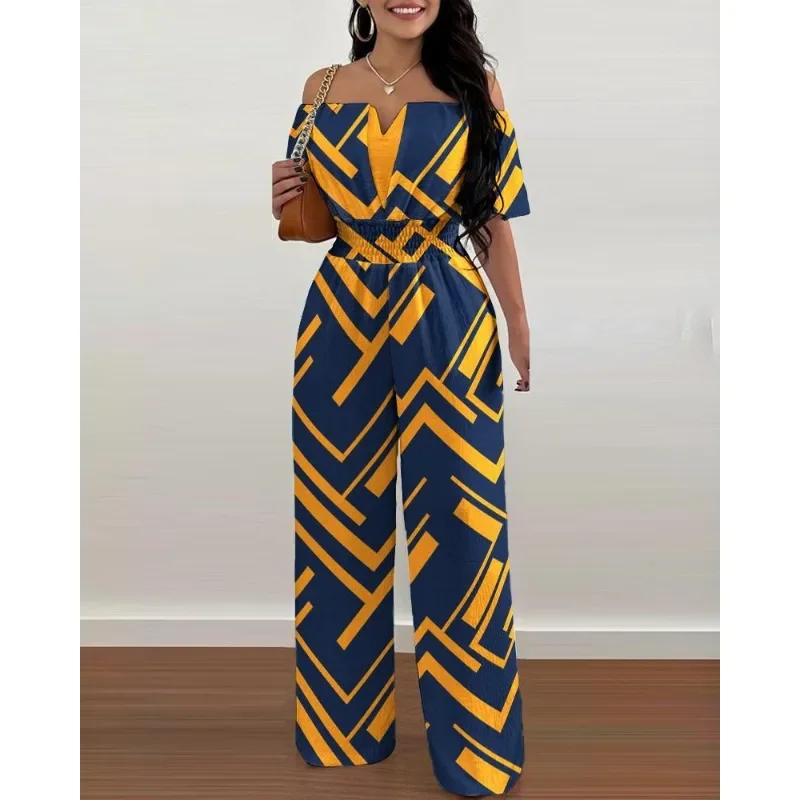 Trimming Loose Straight Jumpsuit Off-Neck Waist Jumpsuits Women Short Sleeve High Waist Solid Slim Fits Jumpsuits