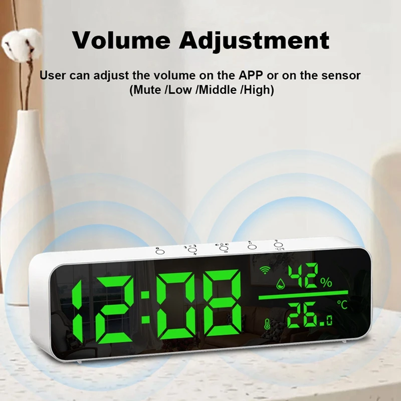 Tuya Wifi Temperature And Humidity Alarm Clock Multi-Function LED Digital Clock For Living Room, Farmhouse, Office