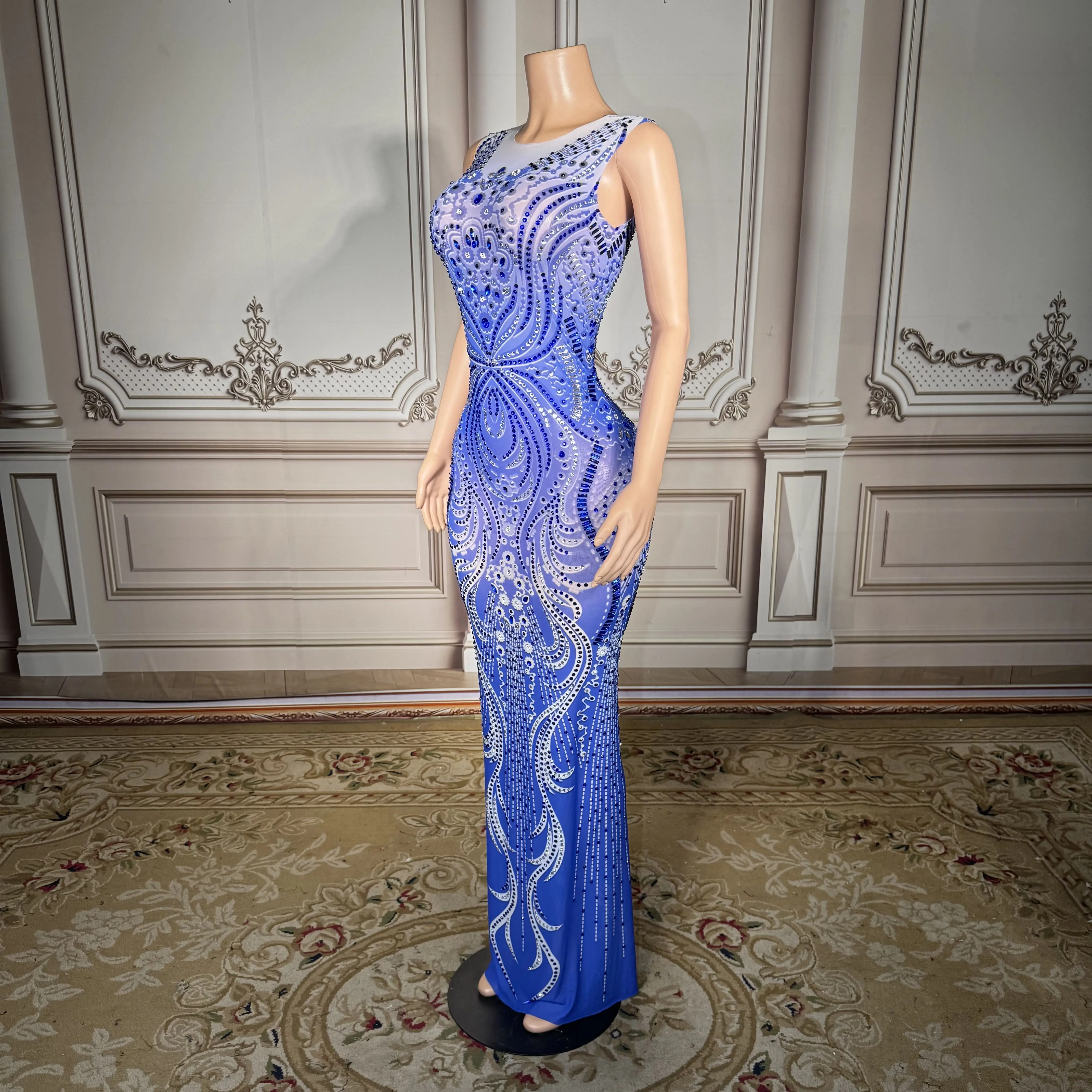 ZD Vestido de noche ajustado de cristal azul de lujo para mujer – Vestido largo de sirena con diamantes de imitación brillantes, formal elegante sin mangas