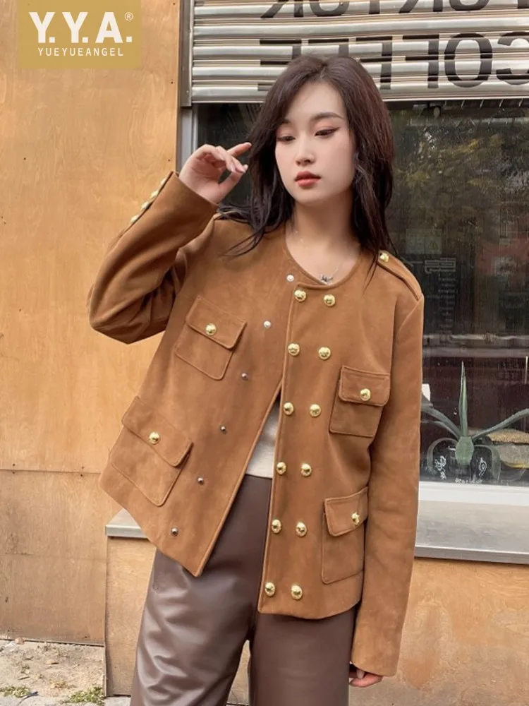 Female Autumn Winter Short Coat Vintage Genuine Suede Jacket Slim Fit Fashion Gold Buttons Double Breasted Elegant Round Collar