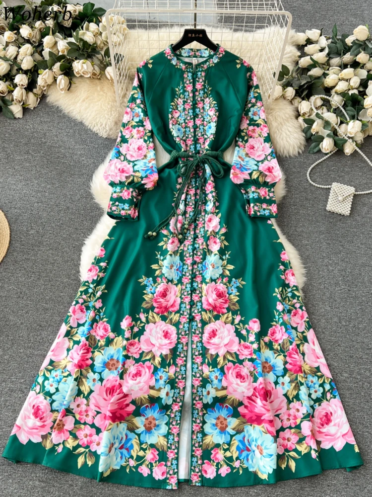 Women Bohemian Lantern Sleeve Robe Femme Vintage Slim Waist Temperament Dress 2024 Vestidos De Mujer Autumn Floral Dresses Wj