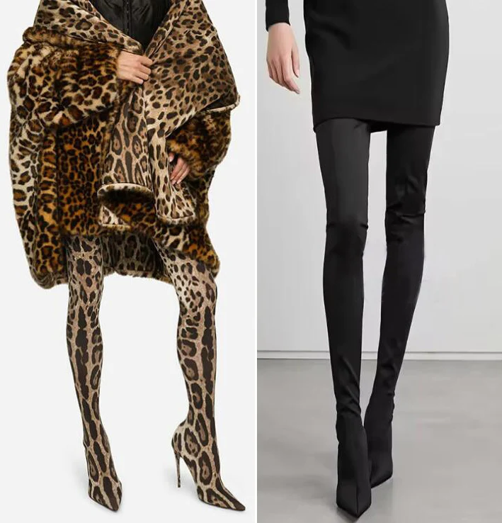 

Sexy Leopard Over-the-Knee Stretch Socks Boots Pointed Elastic Slip-on Slimming Stiletto high heels Women Modern Shoes