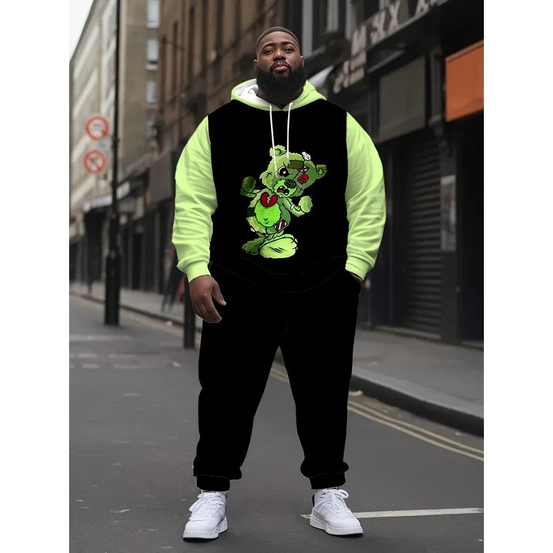 Men'S Casual Fashion Set, Sports Style, Regular Fit, Knitted Fabric With Slight Elasticity, Hat Collar, Printed Pattern Set