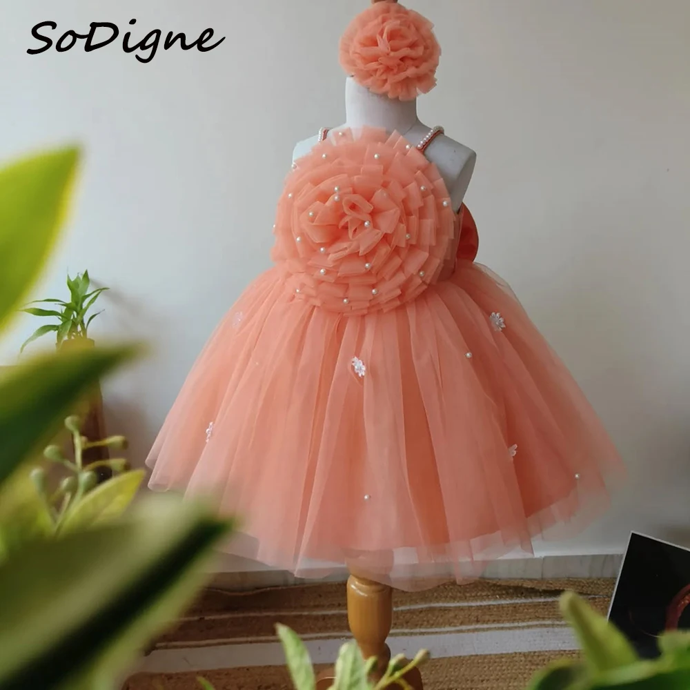 SoDigne A-line Tulle Flower Girl Gowns Sleeveless Pearls Short 2025 Long Girl Birthday Party Dresses with Bow Customized