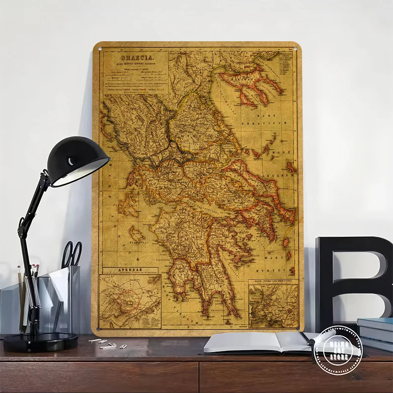 Vintage Map of Greece 1903 Printed Poster Customized Retro Wall Art Vintage Metal Tin Signs for Home Decoration Living Room At