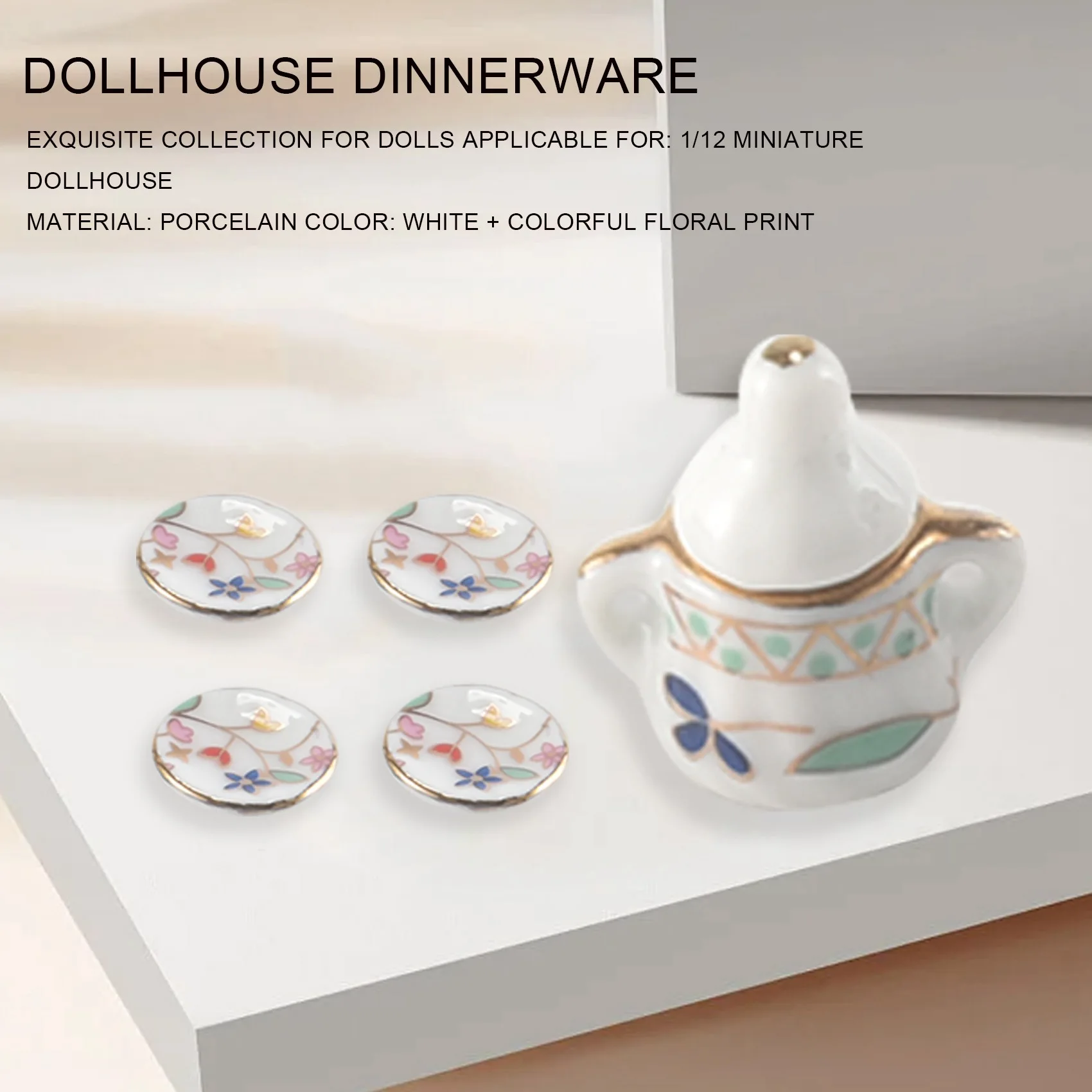 15 Piece Miniature Dollhouse dinnerware porcelain tea set tableware Cup plate Colorful floral print