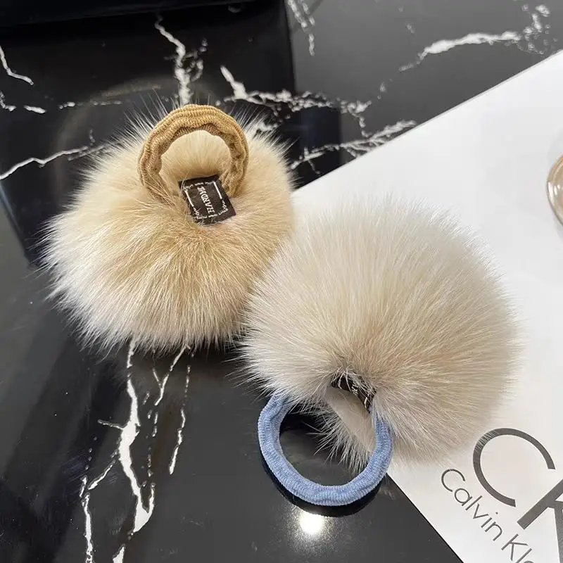 

Меховые пушистые резинки для волос с шариками, плюшевая веревка с шариковой головкой, женские резинки для волос с имитацией кроличьего меха, плюшевые эластичные резинки для волос