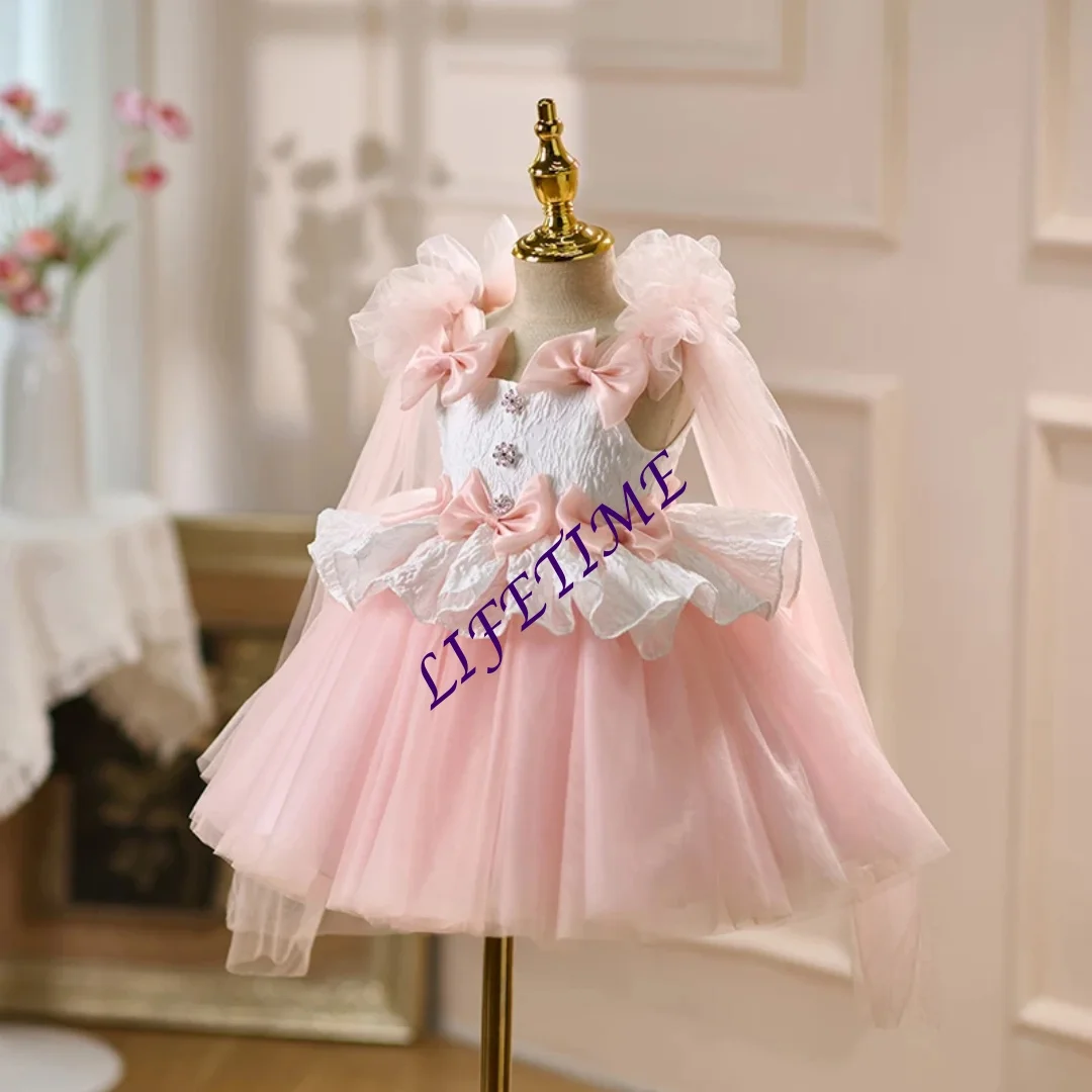 تخصيص الوردي زهرة فتاة اللباس أكمام الانحناء طول الركبة الأميرة الاطفال الزفاف 1st عيد ميلاد حزب مهرجان ثوب رسمي #1