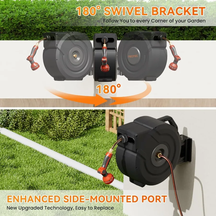 格納式ガーデンホースリール 1/2インチ x 130フィート 壁掛け式ヘビーデューティーホースリール 3/4インチ真鍮製継手付き 9パターンノズル付き