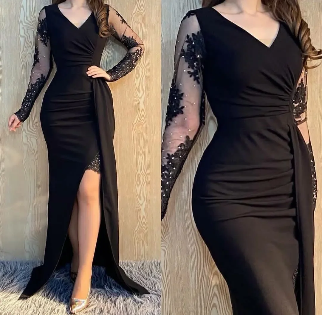 Flavinke Customized Formal Occasion Dresses Women's Lace Evening Dresses V-neck Floor-length Tulle Slit Prom vestidos de gala