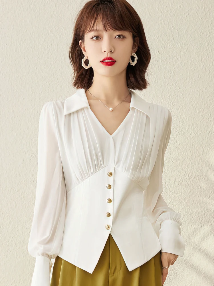 Chiffon Elegant Blouse Women Youth Casual Lady Plain Shirt Korean Chic Luxury Outerwears Mesh Puff Long sleeve V neck Office