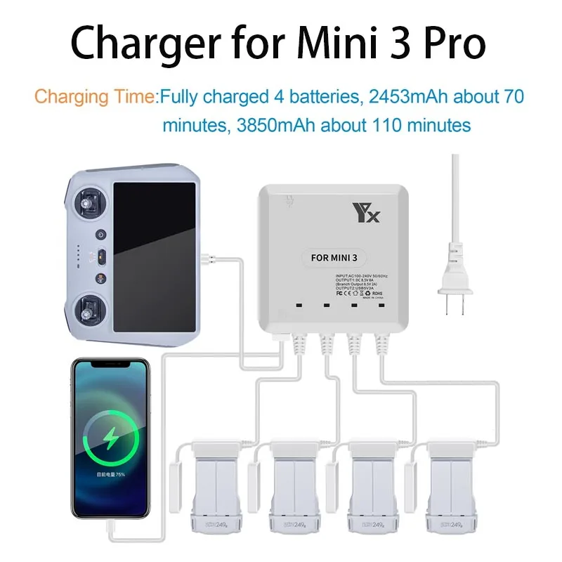 

For DJI Mini 3 Pro Multi Charger Charge 4 Batteries USB port Remote Controller Charging Hub For DJI Mini 3 Pro Drone Accessories