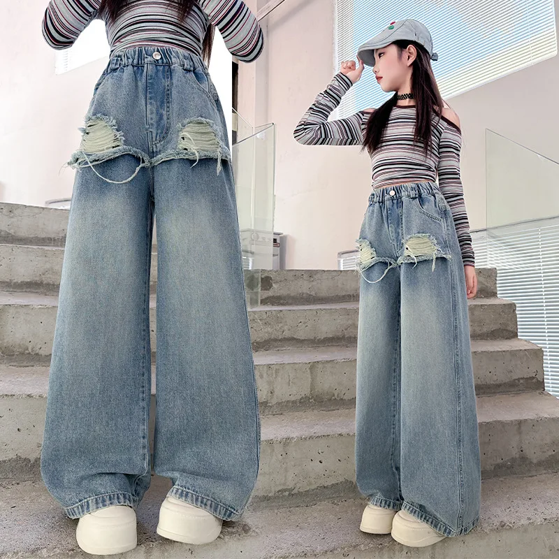 Kids Ripped Jeans Girls' Loose Ripped Curtain Denim Pants Children Spring Autumn New Style Student Straight-leg Wide-leg Trouser