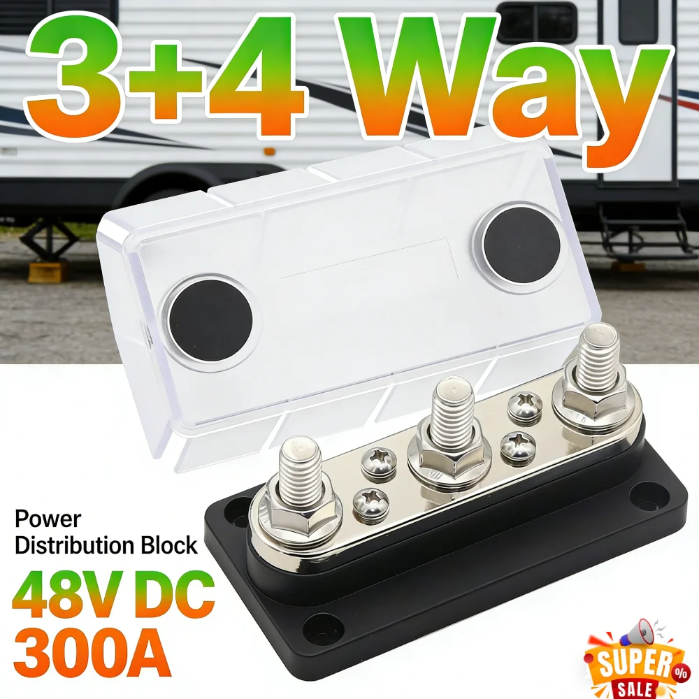 300A Bus Bar 48V Busbar Terminal Block 3/8 Studs Busbar Power Case 3+4 Way for RV Marine Boat for Vehicle Car Automobile Caravan