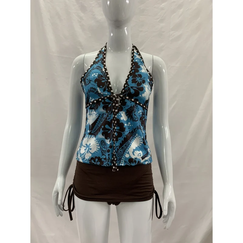 Vintage Hawaiian print swimsuit women's suspender tie print top with shorts two-piece swimsuit suitable for summer beach vacatio