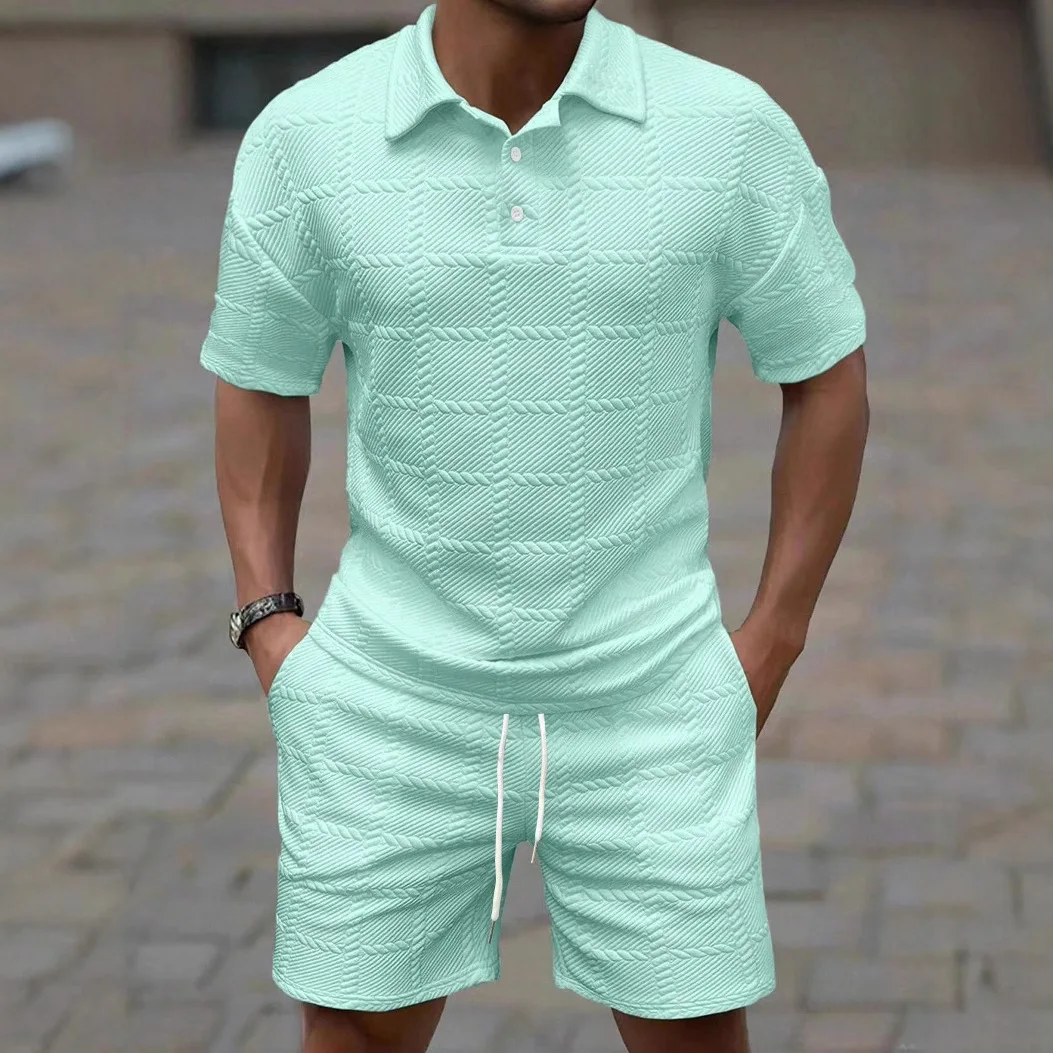 

2026Summer Male Casual Two Pieces Suits Vintage Polo Neck Short Sleeve Tops And Shorts Men's Sets Fashion Plaid Textured Outfits