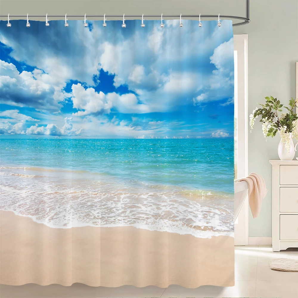 Sunny Beach Scenery Waterproof Shower Curtains Sea Beach landscape Printing Bathroom Curtain With Hooks Decor Bath Screen