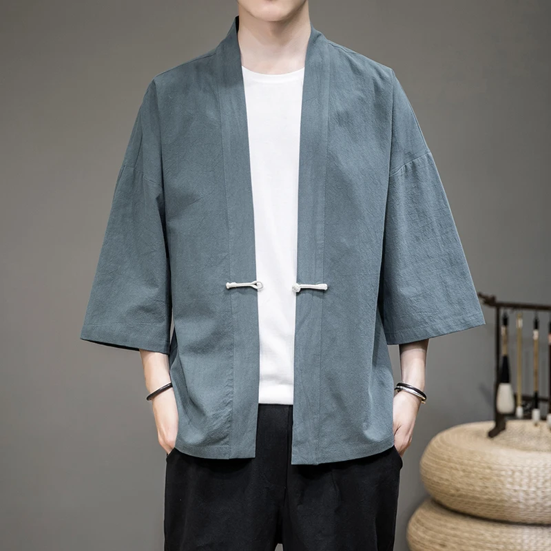 Fashion Costume Disc Buckle Hanfu Men Chinese Style 100% Cotton Robe Cardigan Jacket Oversized Kimono 5xl Ancient Coat Male