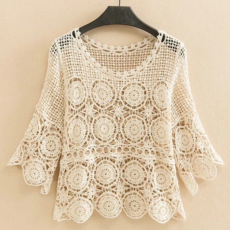 Sunscreen clothing Three-quarter Sleeve Openwork Knitwear Womens Summer Dress Short Paragraph  Blouse Thin Loose Bottoming Shirt