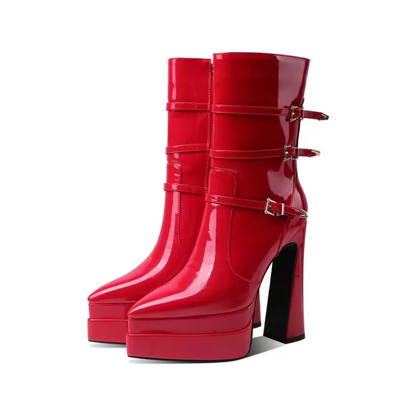 Botas de tornozelo curto com zíper feminino, botas pontiagudas de camada dupla, plataforma impermeável, salto alto espesso ultra-alto, outono