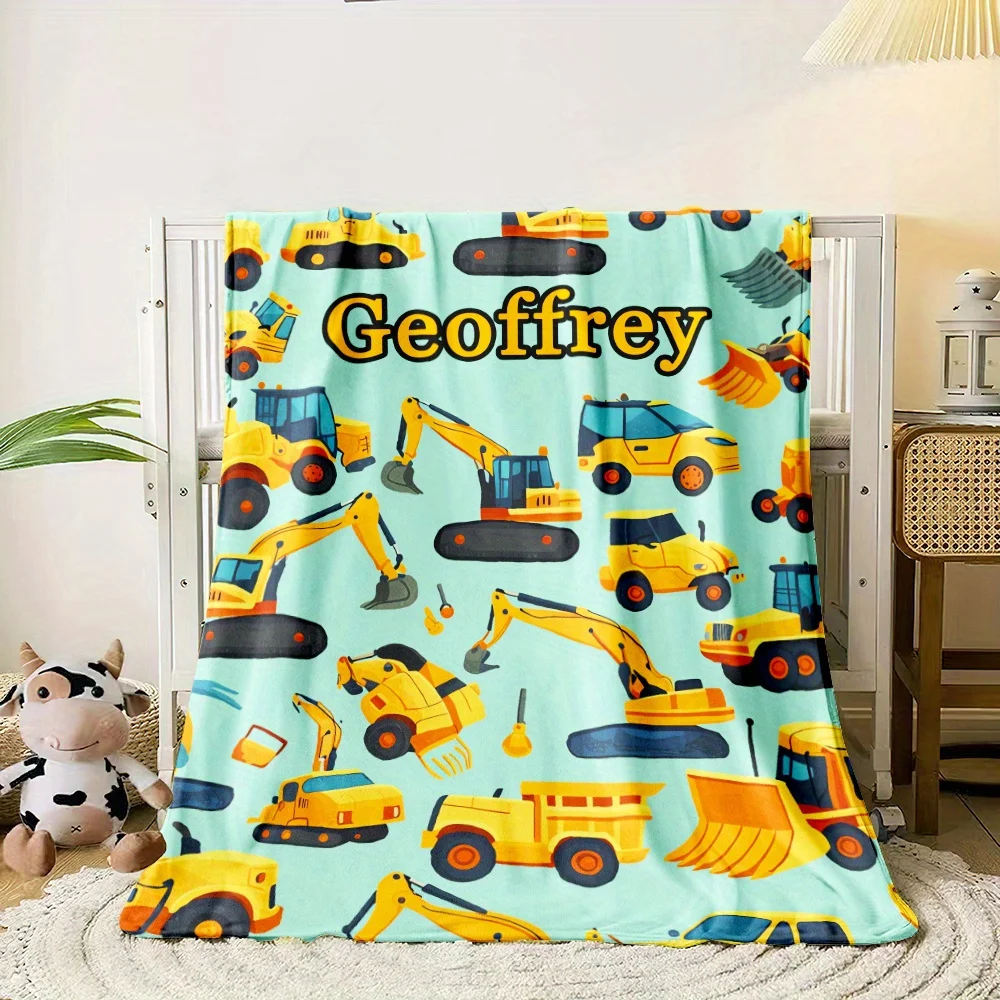 1 piece customized name cartoon excavator boy blanket lightweight flannel parabolic, soft and warm fabric, digital printing
