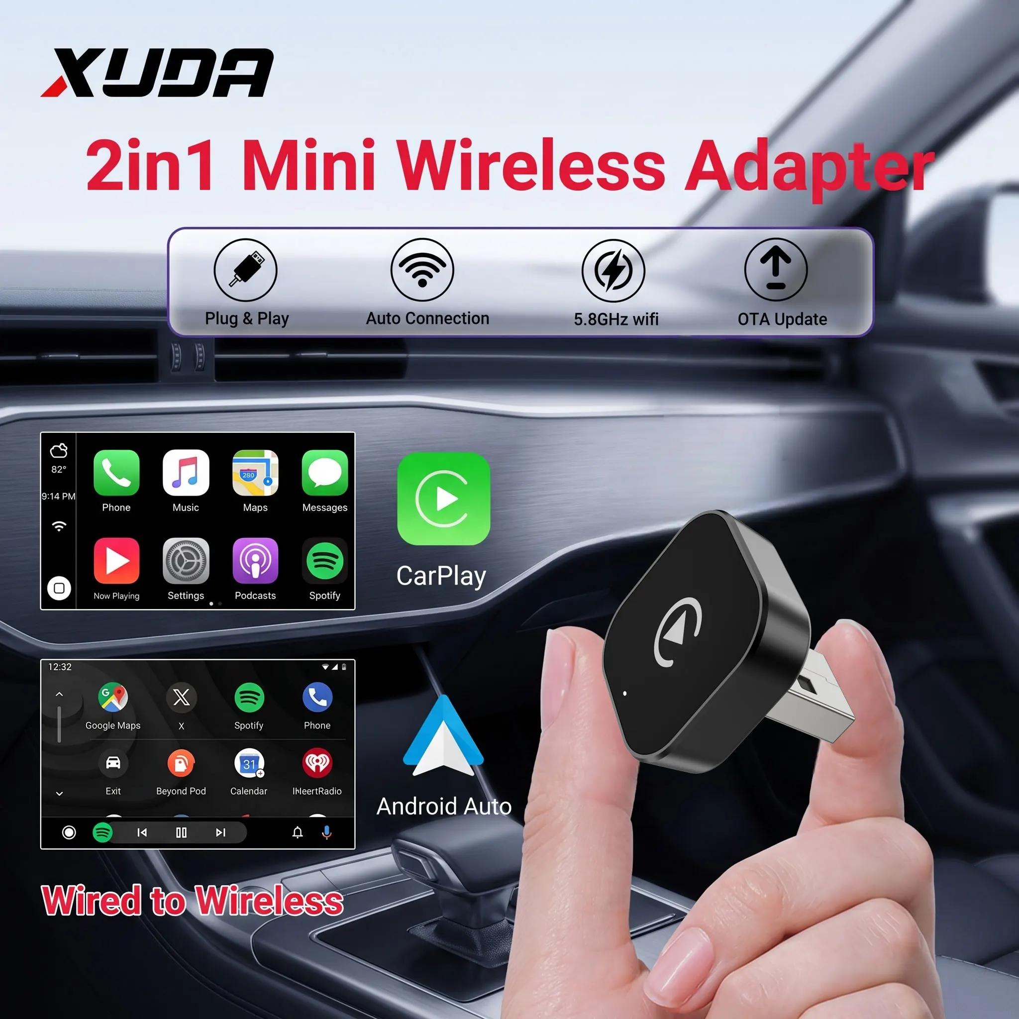 2026 Wireless CarPlay 2IN1 Android Auto SmartDongle Fast Auto-Connect Compact Plug & Play for iPhone/Android USB/USB-C No Delay