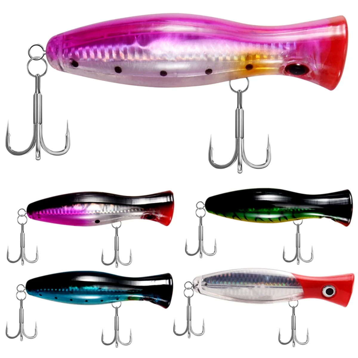 Surface Fishing Lures - Popper - Catching / Spinning Fishing Pack - Sea Fishing - 5 Pieces - 12.5cm and 40 Grams