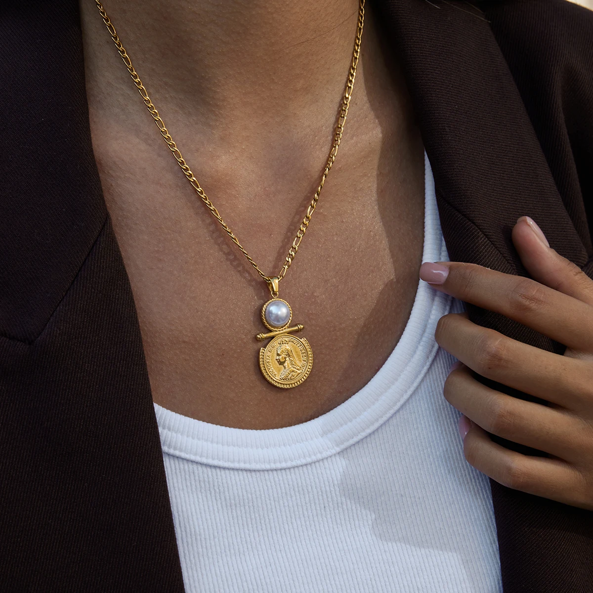 

AIKOER Classic Trendy 18K Gold Color Plated Inlay Resin Pearl Coin Pendant Necklace Waterproof Stainless Steel Women's Jewelry