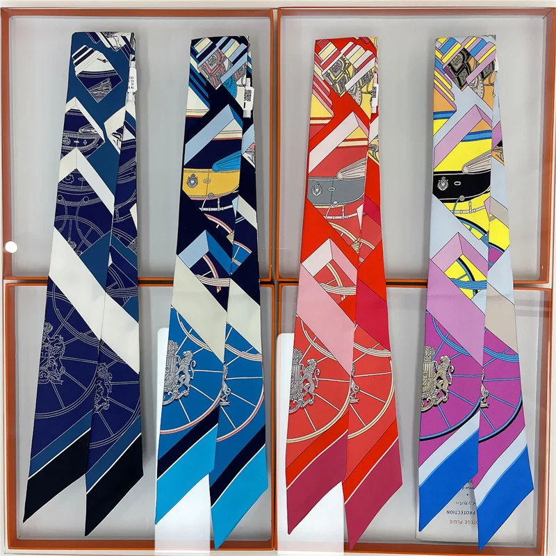 100% Silk High Quality Luxury Brand Scarf Women Headband Hair Band Foulard Tie Ribbon Neckerchief Skinny Scarves Accessories