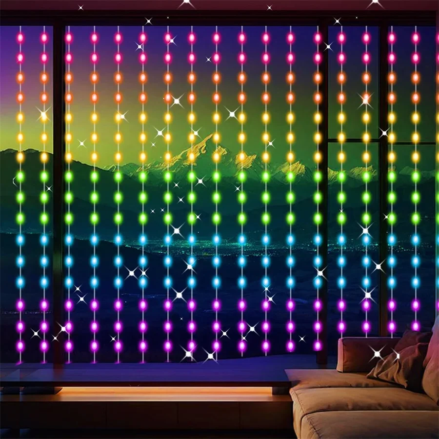 3X3M Smart Curtain Light Outdoor APP Control Window String Light RGBIC USB Curtain Fairy Light With Remote For Backdrop Decor