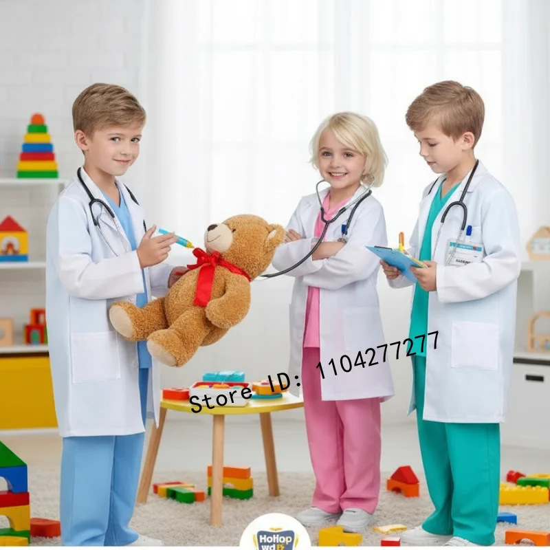 Kids Doctor Nurse Cosplay Costume, V Neck Surgical Uniform for Boys Girls, Halloween Party Role Play Dress Up Outfit