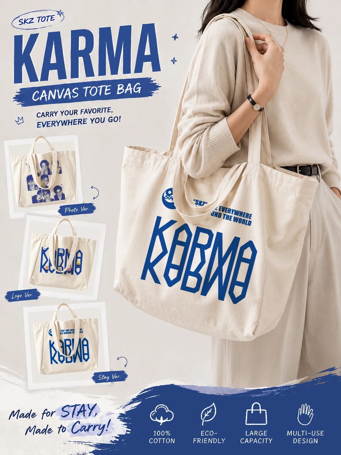 SK/SKZ/Stray/Kid KARMA Canvas Tote Bag, 3 Styles SK/ZOO Cartoon/Group Photo/STAY Print Shoulder Bag for STAY Fans