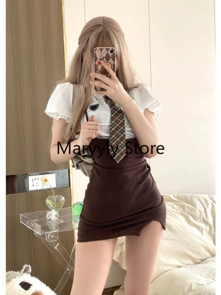 2023 Summer White Puff Sleeve Blouse + Pure Color Mini Skirts Women Elegant Retro Y2k Party Suits Style Korean Fashion Oufits