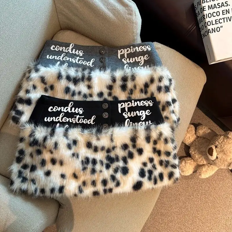 미국식 대조적인 레오파드 프린트 섹시 로우라이즈 플러시 숏 스커트 여성용 가을 겨울 스파이스 걸스 A라인 힙 스커트