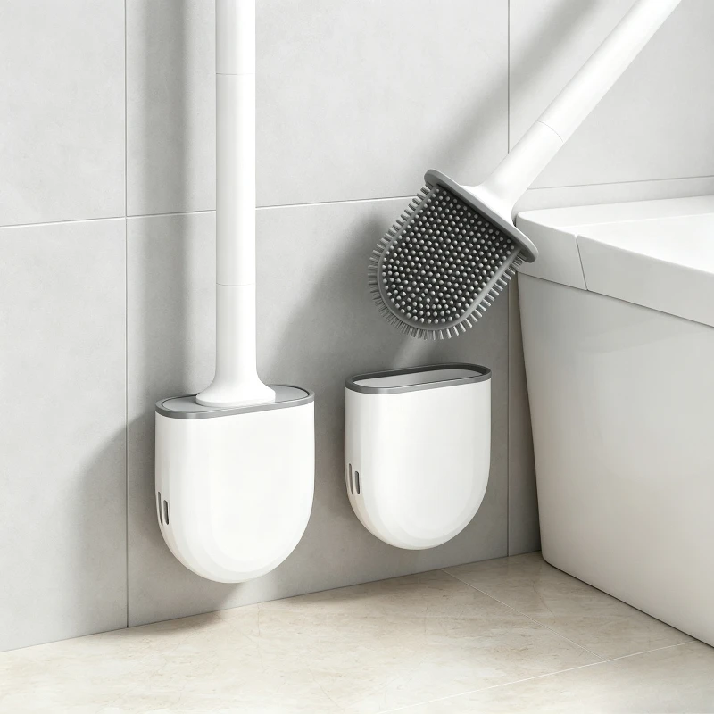 Punch-Free Wall Mount Silicone Toilet Brush Set Household Dead-angle Free Bathroom Cleaning Brush with Drain Holder