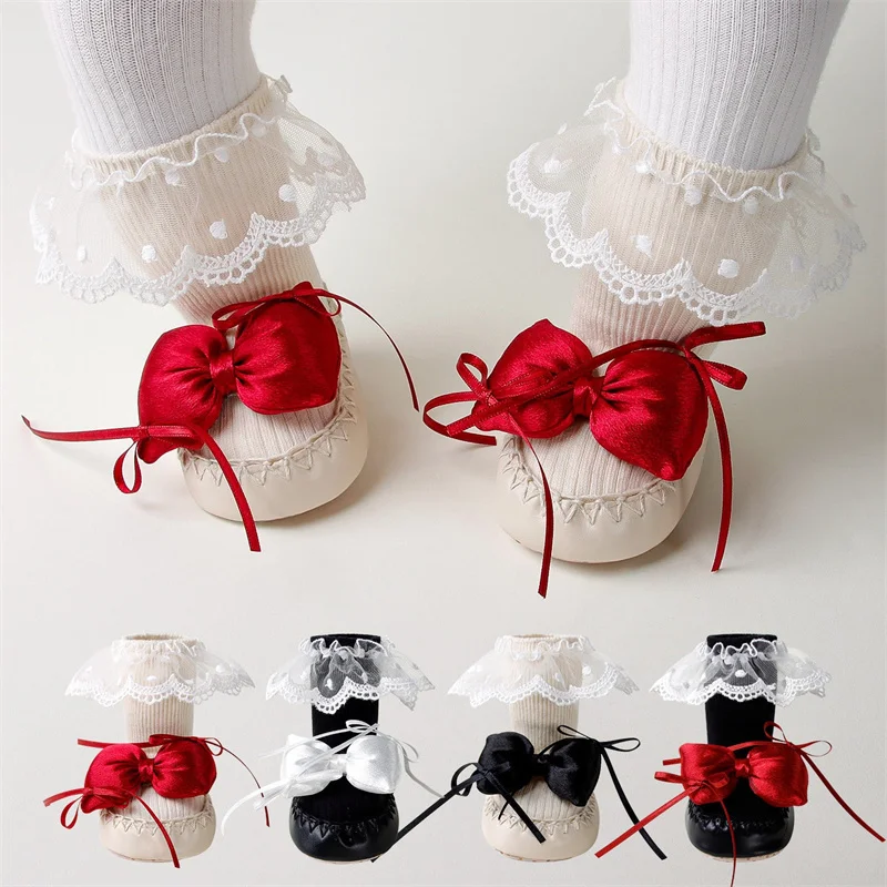 

Newborn Socks Shoes Soft Soled Indoor Non-Slip Princess Lace Bowknot Shoes Spring Autumn Baby Girl's Cotton Walking Socks Shoes