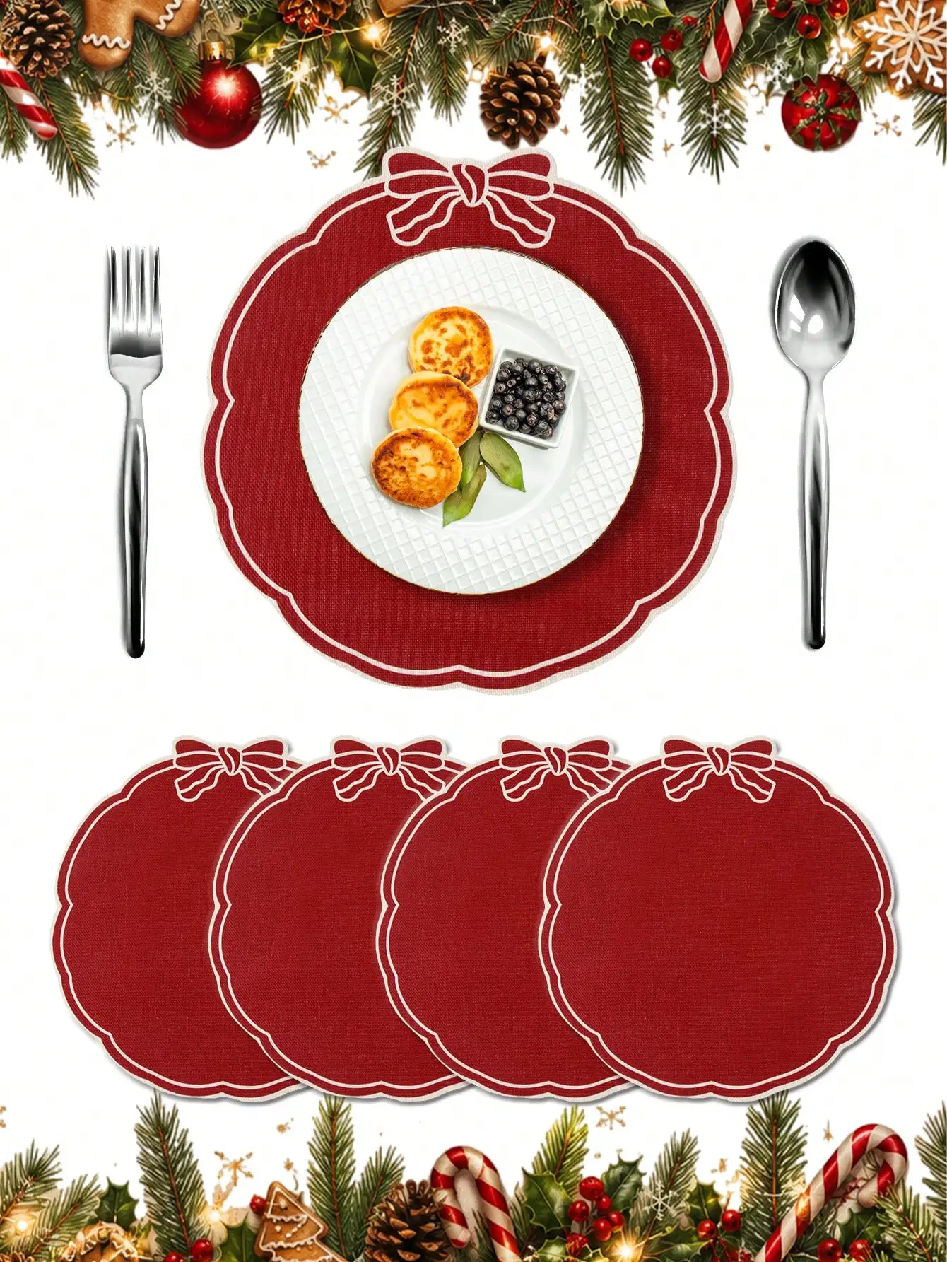 4pcs Red Christmas Linen Placemats, Red Bow Design, 38cm Diameter Round Table Mats, Holiday Party Table Decor, Holiday Tabletop Accessories, Home Kitchen Decoration, Merry Christmas Decoration