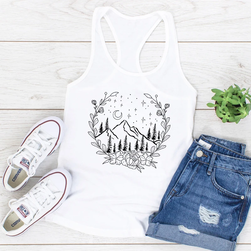 Vest floral mountains top vintage women sleeveless nature tank