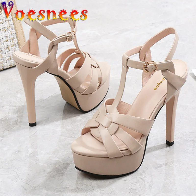 Comfortable Microfiber Summer Platform High Heels Women Slides Weave Design Stiletto Party Shoes Roman Style Open Toe Sandals