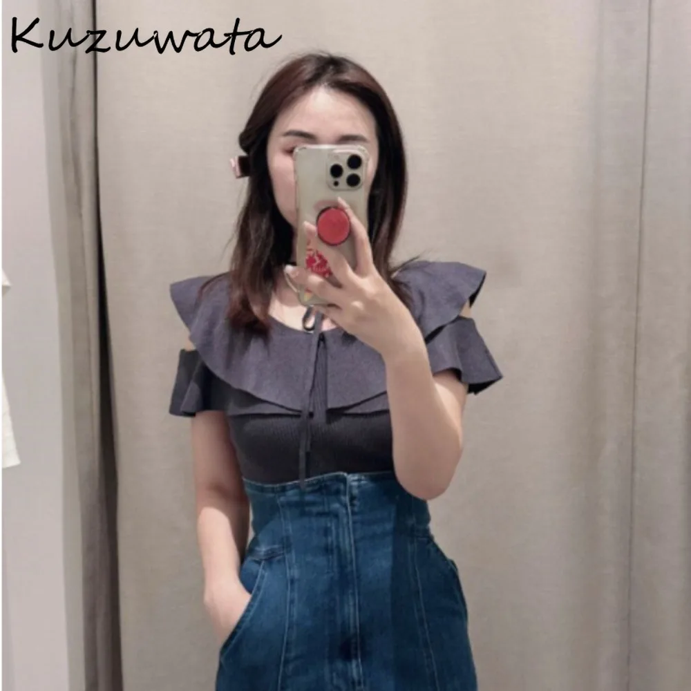 Kuzuwata Moda O Neck Butterfly Sleeve Halter Pullover Ruffles Off Shoulder Patchwork Lace Up Knitwear Japan New Slim Fit Jumper