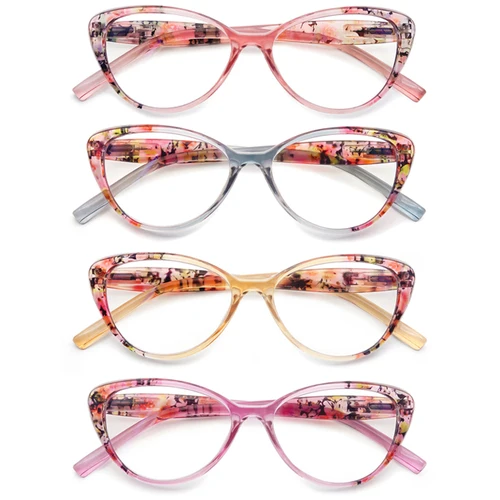 Gafas de lectura con diseño de ojo de gato para mujer, lentes de lectura con luz azul, montura ligera a la moda, patrón Floral, dioptrías + 0 ~ + 4,5